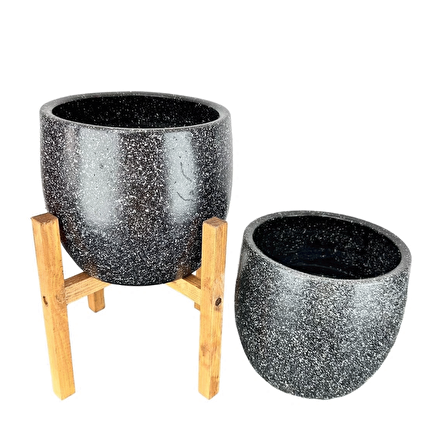 Ev Dekorasyon Aksesuar Siyah Granit Toprak Saksı Saksılık Salon Çiçeklik İkili Set Ayaksız - 4 Ayaklı- 19 CM