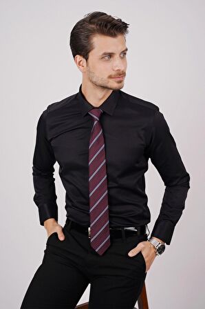 Gömlek Kravat Seti (Bordo Çizgili Kravat & Siyah Saten Slimfit Gömlek)