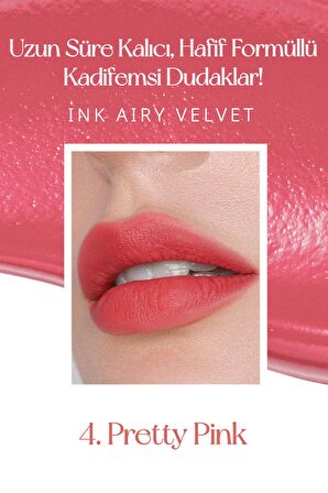 Uzun Süre Kalıcı ve Hafif Formüllü, Kadife Bitişli Tint Peripera Ink Airy Velvet (4 Pretty Pink)