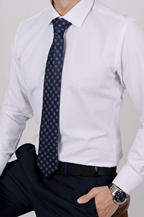 Gömlek Kravat Seti ( sunda Lacivert Turuncu Desenli Kravat & Beyaz Armür Slimfit Gömlek)