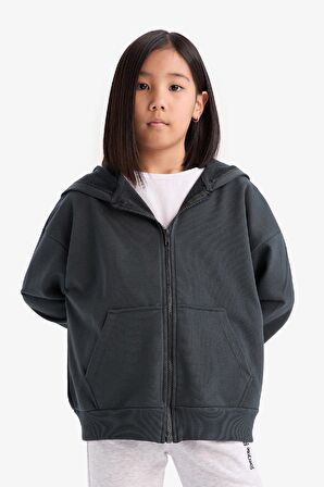 Kız Çocuk Kapüşonlu Basic Düz Cepli Fermuarlı Sweatshirt