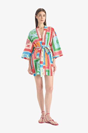 DeFacto Regular Fit Desenli Kuşaklı Pamuklu Kimono-Fall in Love D0453AX25SPPN206