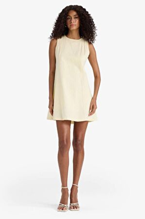 Bisiklet Yaka Keten Görünümlü Kolsuz Mini Elbise