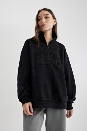 DeFacto Oversize Yarım Fermuarlı Baskılı Soluk Yıkama Efektli Kalın Sweatshirt C2014AX24SPBK81