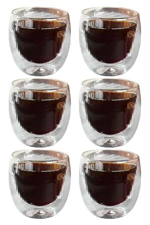 Çift Cidarlı Çizgili Cam,Kahve,Latte,Ekspresso,Meşrubat 250 ML Bardak Seti 6 Adet 2321
