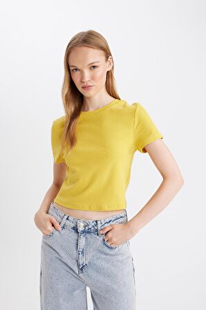 DeFacto Coool Fitted Bisiklet Yaka Ribana Basic Düz Kısa Kollu Tişört T9631AZ24AUYL203