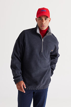 Erkek Indigo Melanj Loose Fit Içi Polarlı Iplik Bato Yaka Pamuklu Sweatshirt