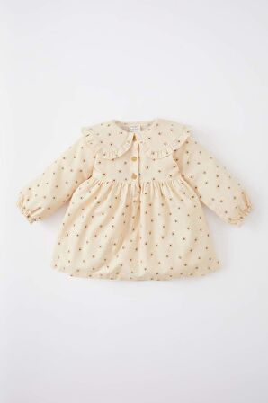 Kız Bebek Çiçekli Uzun Kollu Twill Elbise