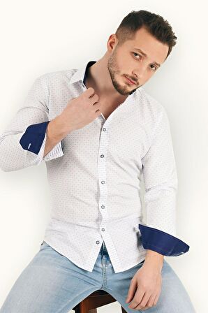 Mavi Nokta Desenli Armürlü Slimfit Gömlek