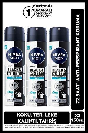 Nivea MEN Erkek Sprey Deodorant Black&White Invisible Fresh 150ml, 72 Saat Anti-perspirant, X3 Adet