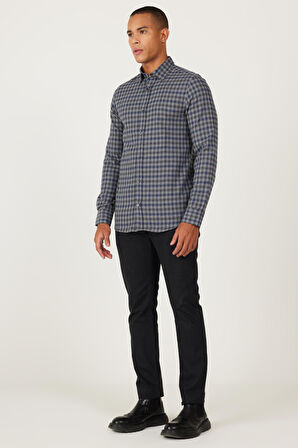 Erkek Lacivert Slim Fit Dar Kesim Gizli Düğme Yaka Kareli Gömlek