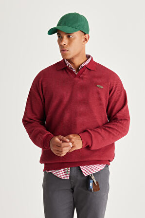 Erkek Bordo Loose Fit Içi Polarlı 3 Iplik Polo Yaka Jakarlı Sweatshirt