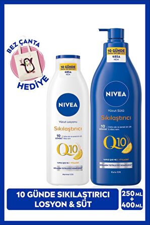 NIVEA Q10 Sıkılaştırıcı Vücut Bakım Sütü 400ml ve Vücut Losyonu 250ml, C Vitamini, 48 Saat Nemlendirici, Bez Çanta Hediye