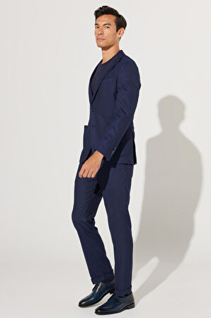 Erkek Lacivert Slim Fit Dar Kesim Mono Yaka Armürlü Takım Elbise