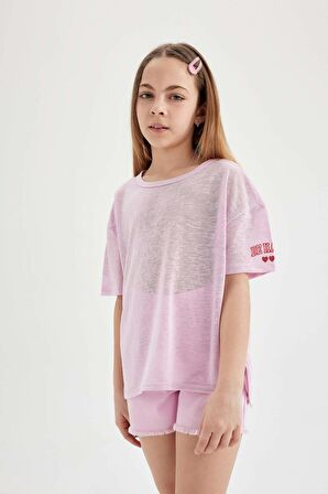 DeFacto Kız Çocuk Oversize Geniş Kalıp Baskılı Kısa Kollu Tişört C4606A824SMPR66