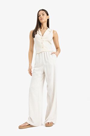 DeFacto Keten Karışımlı Palazzo Pantolon Wide Leg Geniş Bol Paça Üç Cepli Normal Bel Basic Düz Standart Boy C4545AX25SPBG155