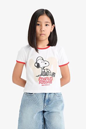 Kız Çocuk Snoopy Crop Bisiklet Yaka Kaşkorse Kısa Kollu Tişört