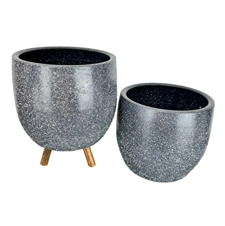 Ev Dekorasyon Aksesuar Gri Granit Toprak Saksı Saksılık Salon Çiçeklik İkili Set Ayaksız - 3 Ayaklı- 19 CM