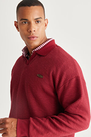 Erkek Bordo Loose Fit Içi Polarlı 3 Iplik Polo Yaka Jakarlı Sweatshirt