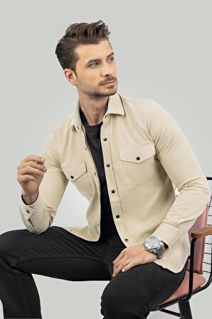 Bej Slimfit Gerçek Kot Erkek Gömlek