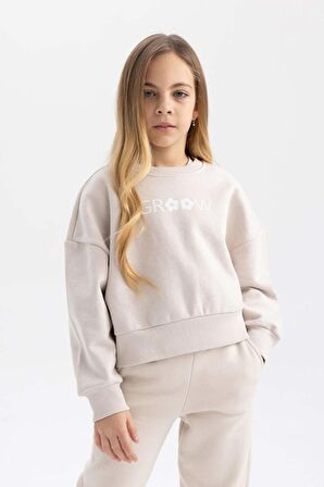 DeFacto Kız Çocuk Relax Fit Bisiklet Yaka Baskılı Kalın Sweatshirt B4675A823WNGR54