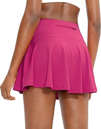 Pembe Çift Katmanlı Sırt Fermuarlı Tenis Etek - Darkalıp İçi Taytlı Şort Etek-Cepli Mini Spor Etek