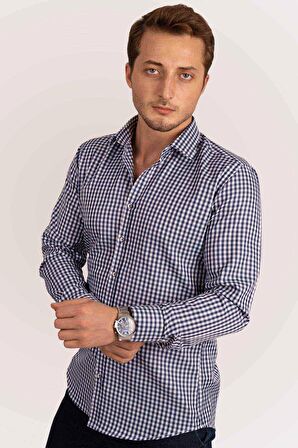 Beyaz Lacivert Kareli Slimfit Gömlek