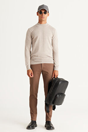 Erkek Bej Melanj Recycle Standart Fit Yarım Balıkçı Yaka Pamuklu Desenli Triko Kazak