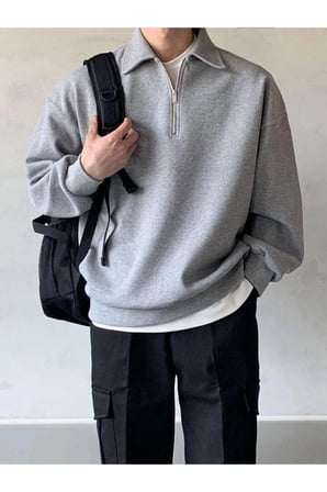 Erkek Polo Yaka Oversize Sweatshirt Yarım Fermuar Sweatshirt 