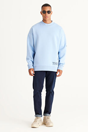 Erkek Açık Mavi Oversize Fit Bol Kesim Içi Polarlı 3 Iplik Pamuklu Baskılı Sweatshirt