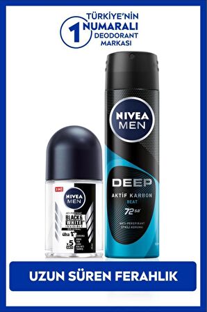 Nivea MEN Erkek Sprey Deodorant Deep Aktif Karbon 150ml ve Black&White Original Mini Roll-on 25ml