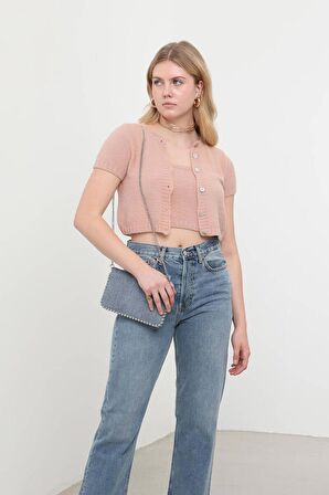 Peluş Hırkalı Crop Top Camel