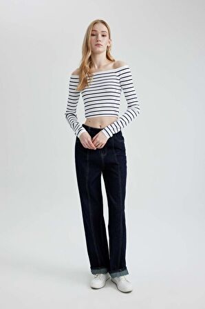 DeFacto Slim Fit Dar Kesim Çizgili Açık Omuz Triko Kazak B7573AX24SPNV31