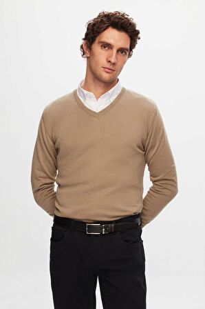 Ds Damat Slim Fit Bej Pamuk Karışımlı 2'Li V Yaka Triko Ve Gömlek 1HC0206VBN01
