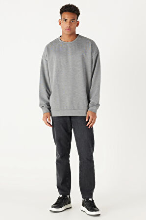 Erkek Gri Melanj Oversize Bol Kesim Bisiklet Yaka Düz Sweatshirt