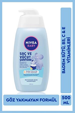 Nivea Baby Bebek Saç Ve Vücut Şampuanı 500ml, Göz Yakmayan Formül, Badem Sütü, C&e Vitamini, Hassas Cilt