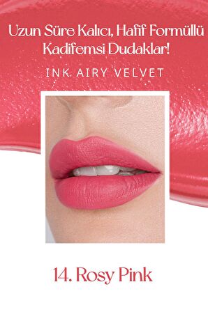 Uzun Süre Kalıcı ve Hafif Formüllü, Kadife Bitişli Tint Peripera Ink Airy Velvet (14 Rosy Pink)