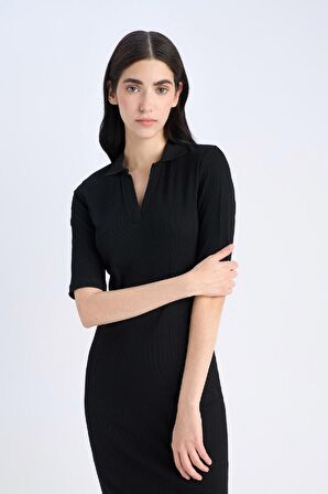 Bodycon Vücudu Saran Polo Yaka Fitilli Kaşkorse Kısa Kollu Midi Elbise