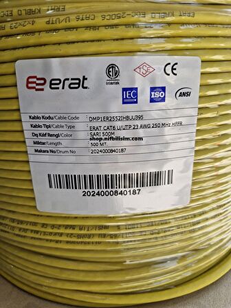 Erat DMP1ER2552IHBUU395 Cat6 U/UTP 23AWG 250 MHz HFFR 500 Metre Full Bakır Cat6 Kablo Sarı