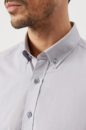 Erkek Gri Slim Fit Dar Kesim Düğmeli Yaka Desenli Gömlek