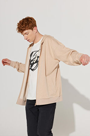 Erkek Sütlü Kahve Oversize Fit Geniş Kesim Dik Yaka %100 Pamuk Fermuarlı Sweatshirt