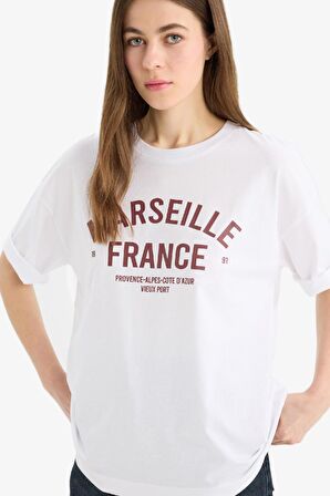 DeFacto Oversize Geniş Kalıp Bisiklet Yaka Baskılı Penye Kısa Kollu Tişört E2795AX25SPWT34