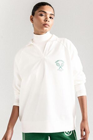 DeFactoFit  Oversize Geniş Kalıp Polo Yaka Spor Baskılı Sporcu Sweatshirt D1699AX24AUER105