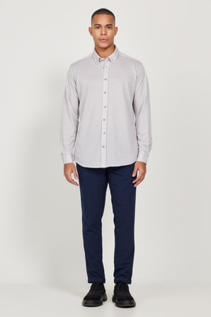 Erkek Gri Comfort Fit Rahat Kesim Düğmeli Yaka Pamuklu Gömlek
