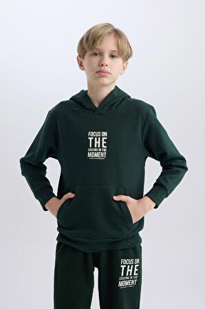 DeFacto Erkek Çocuk Cepli Yazı Baskılı Kapüşonlu Kalın Okul Sweatshirt C7567A824WNGN1214