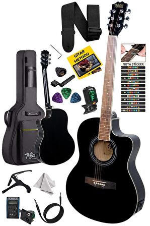 Midex XC-300XBK-EQ Profesyonel Siyah Elektro Akustik Gitar 4/4 Yetişkin Üst Segment (Gigbag Çanta Tuner Capo Askı Jak Kablo Pena)