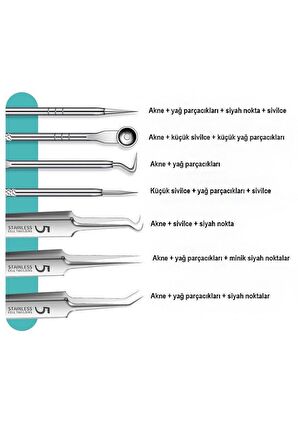 Çelik 7 Parça Kutulu Akne Silivce İğne Aracı Siyah Nokta Temizleme Seti cin646