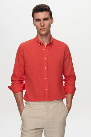 D'S Damat Slim Fit Nar Çiçeği Düğmeli Yaka %100 Pamuk Yazlık Flamlı Keten Görünümlü Gömlek 6HC02ORT63265
