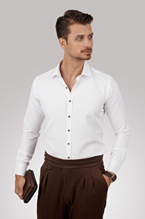 Beyaz Kahve Düğmeli Slimfit Gömlek