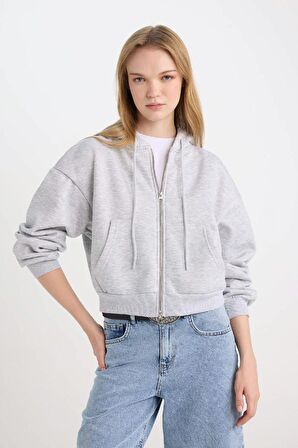 DeFacto Coool Standart Fit Kapüşonlu Basic Düz Kanguru Cepli Fermuarlı Sweatshirt Z7069AZ24WNGR210